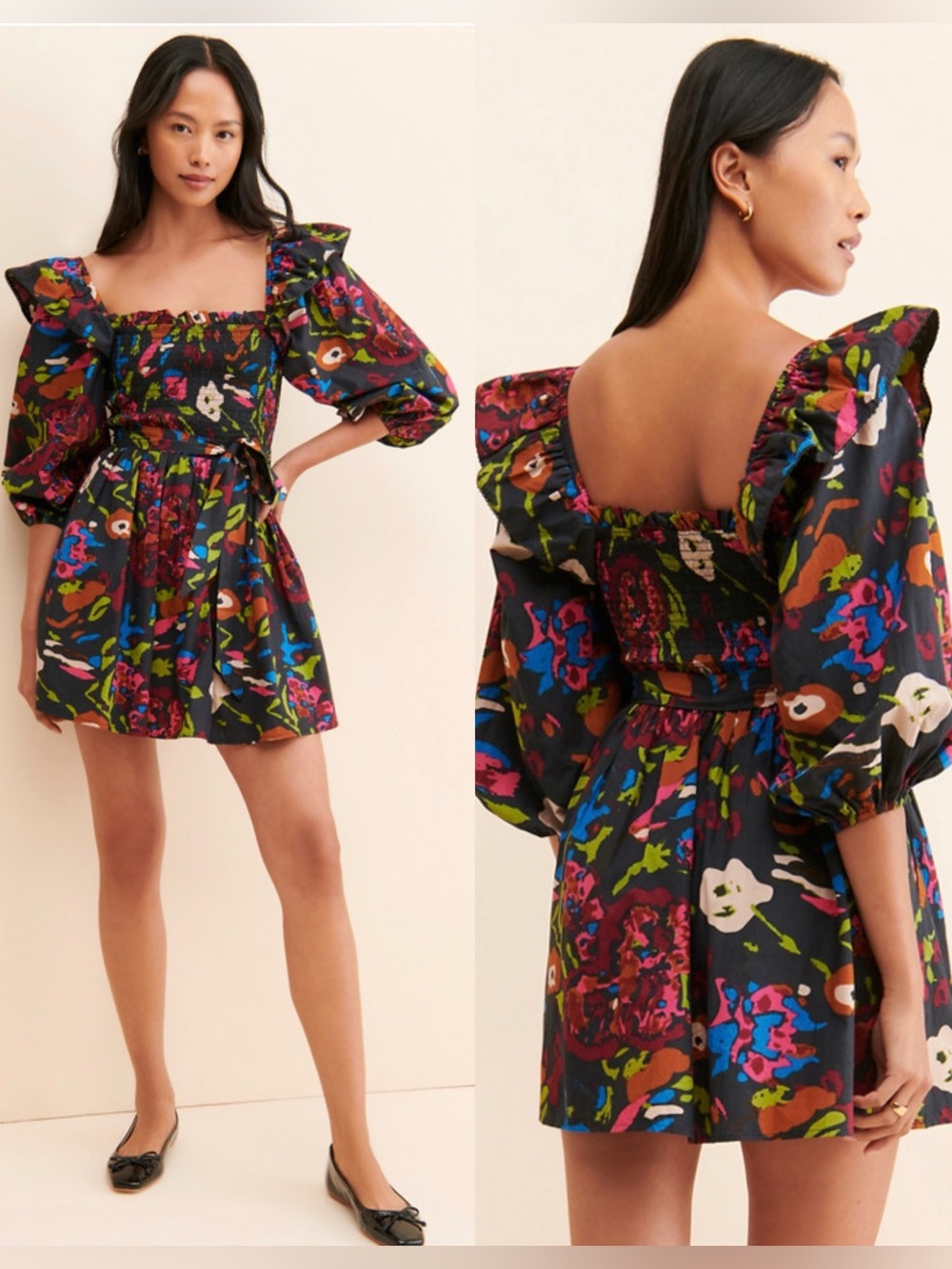 Cleobella Kira Mini Dress L Organic Cotton Floral Smocked Puff Sleeve Pockets